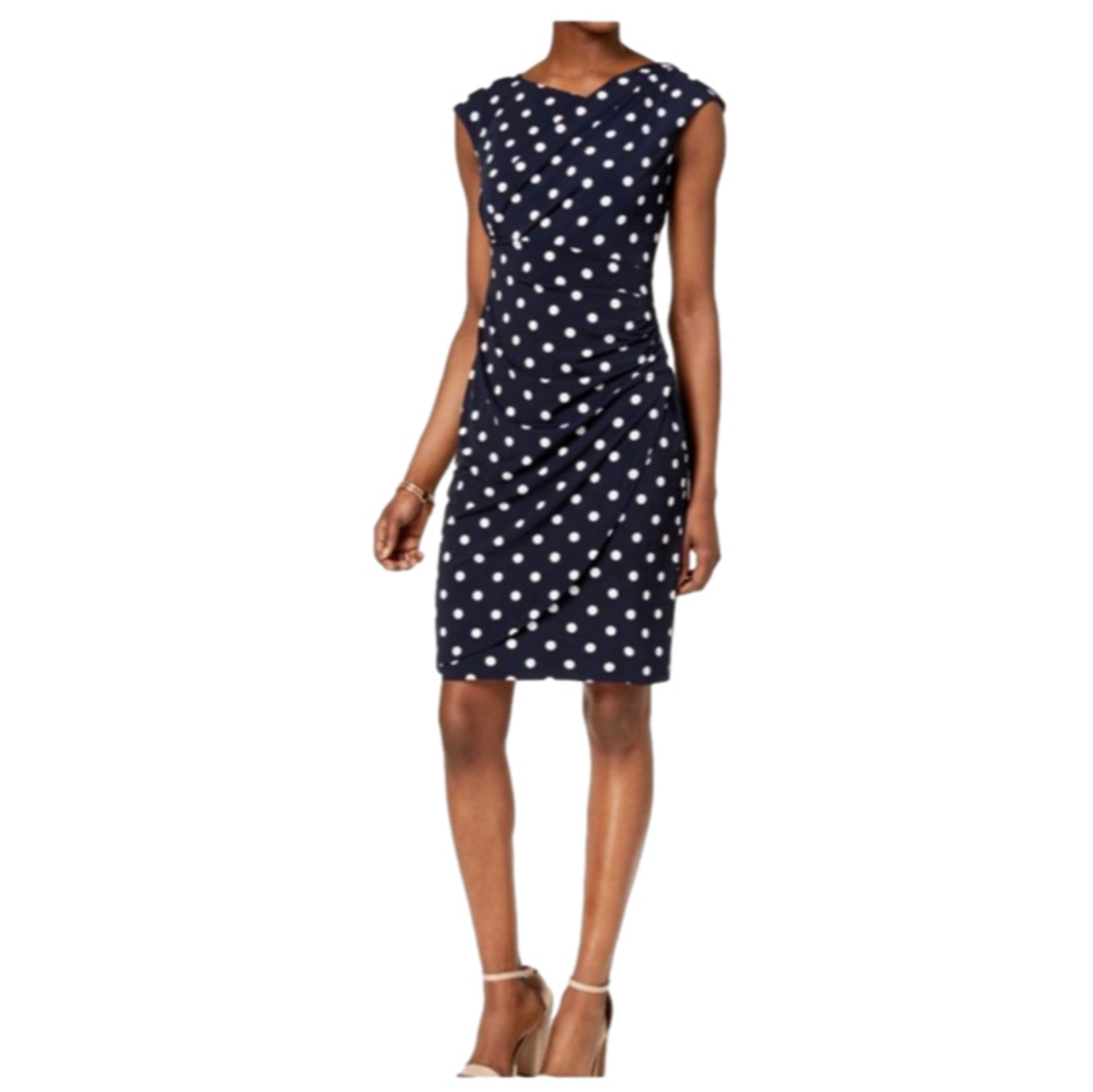 Connected Dress 12 Black White Polka Dot Stretch Draped Sheath Washable